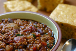 Corn Bread and Quick Chili are made in short order, for a weeknight meal than can be on the table in half an hour flat. Vegetarian chili is an easy, one-pot meal, and while most great chilies call for at least an hour of simmering, the absence of meat from this recipe speeds things along.  (AP Photo/Larry Crowe)