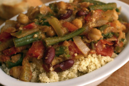 **FOR USE WITH AP LIFESTYLES**   Vegetable-bean Chili with Whole-wheat Couscous is seen in this Oct. 16, 2007 photo.  This dish comes together quickly and will hold nicely for 3 days or can be frozen for 3 months. Prepare the couscous fresh whenever you decide to serve this spicy dish.  (AP Photo/Larry Crowe)