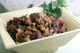 **FOR USE WITH AP LIFESTYLES**   Mixed Bean Chili and Brown Rice is seen in this Sunday, Dec. 7, 2008 photo.  Mixed Bean Chili and Brown Rice is not only a healthy meal, taking advantage of high fiber, low-fat beans, but is also economical while being filling. (AP Photo/Larry Crowe)