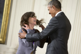 President Barack Obama awards the 2014 National Medal of Arts to actress and filmmaker Sally Field of Los Angles during a ceremony in the East Room at the White House in Washington, Thursday, Sept. 10, 2015. (AP Photo/Andrew Harnik)