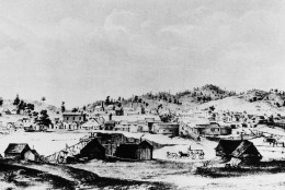 This lithograph shows a boomtown in the South of Californias Mother Lode country, 1856, Columbia, Calif. At that time this probably was the biggest town in California with 25,000 to 45,000 miners and tradesmen and was bidding strongly to be the State capital. Columbia was not far from Sutters Mill in Coloma where James Wilson Marshall, a young wheelwright, discovered the first gold. Gold was first discovered, Jan. 24, 1848. (AP Photo)