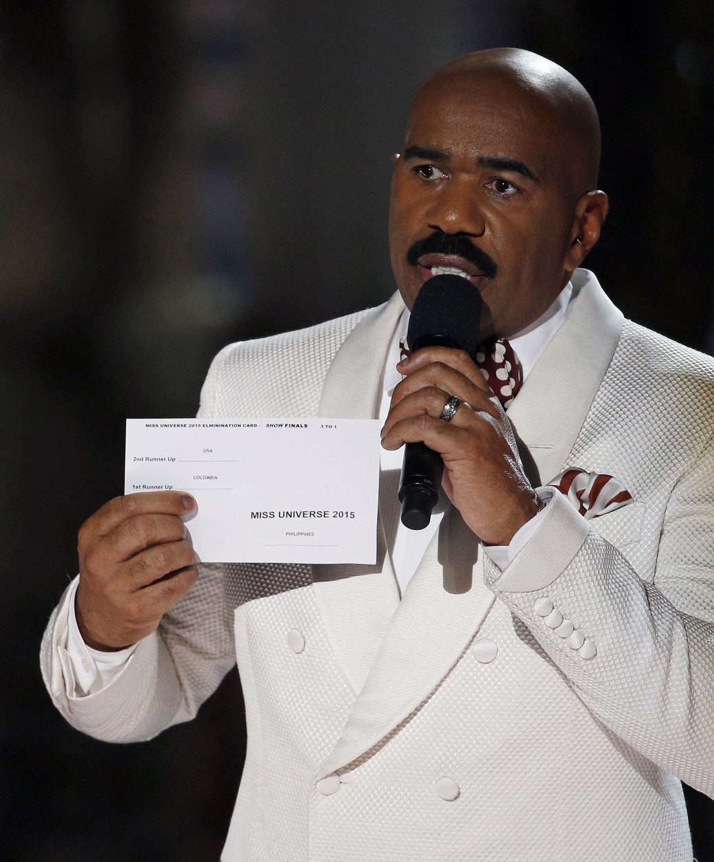 Steve Harvey holds up the card showing the winners after he incorrectly announced Miss Colombia Ariadna Gutierrez as the winner at the Miss Universe pageant on Sunday, Dec. 20, 2015, in Las Vegas. Miss Philippines Pia Alonzo Wurtzbach was named Miss Universe. (AP Photo/John Locher)