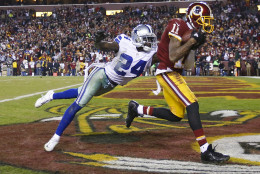 Washington Redskins wide receiver DeSean Jackson (11) pulls in a pass for a touchdown as Dallas Cowboys cornerback Morris Claiborne (24) reaches for him during the second half of an NFL football game in Landover, Md., Monday, Dec. 7, 2015. (AP Photo/Alex Brandon)