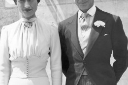 Edward VIII, former King of England, now Duke of Windsor, and his bride, Bessie Wallis Warfield Simpson are seen following the civil and religious ceremonies at the Chateau de Cande, near Tours, France, June 3, 1937.  (AP Photo/BIPPA)