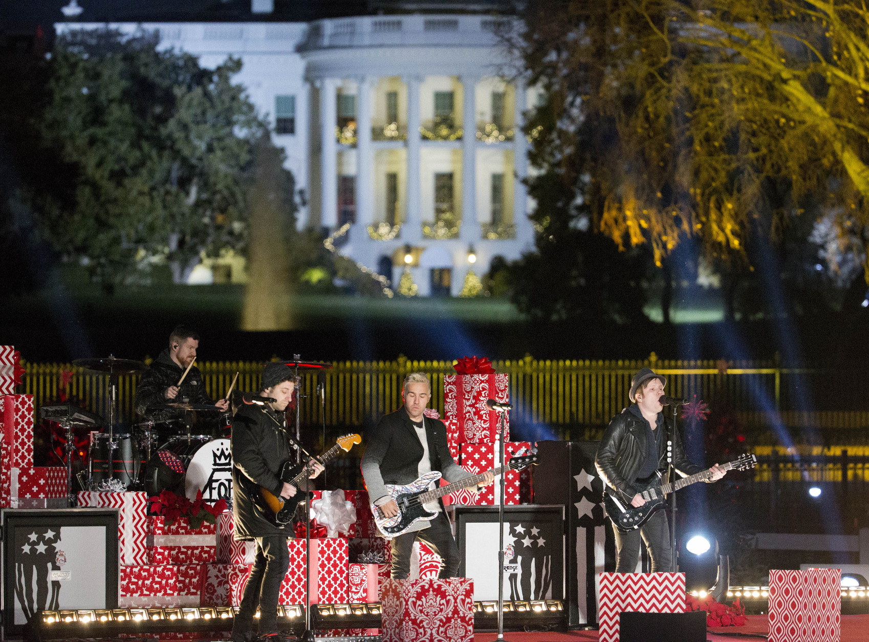 Members of the band Fall Out Boy perform on stage during the National Christmas Tree Lighting ceremony at the Ellipse in Washington, Thursday, Dec. 3, 2015. (AP Photo/Pablo Martinez Monsivais)