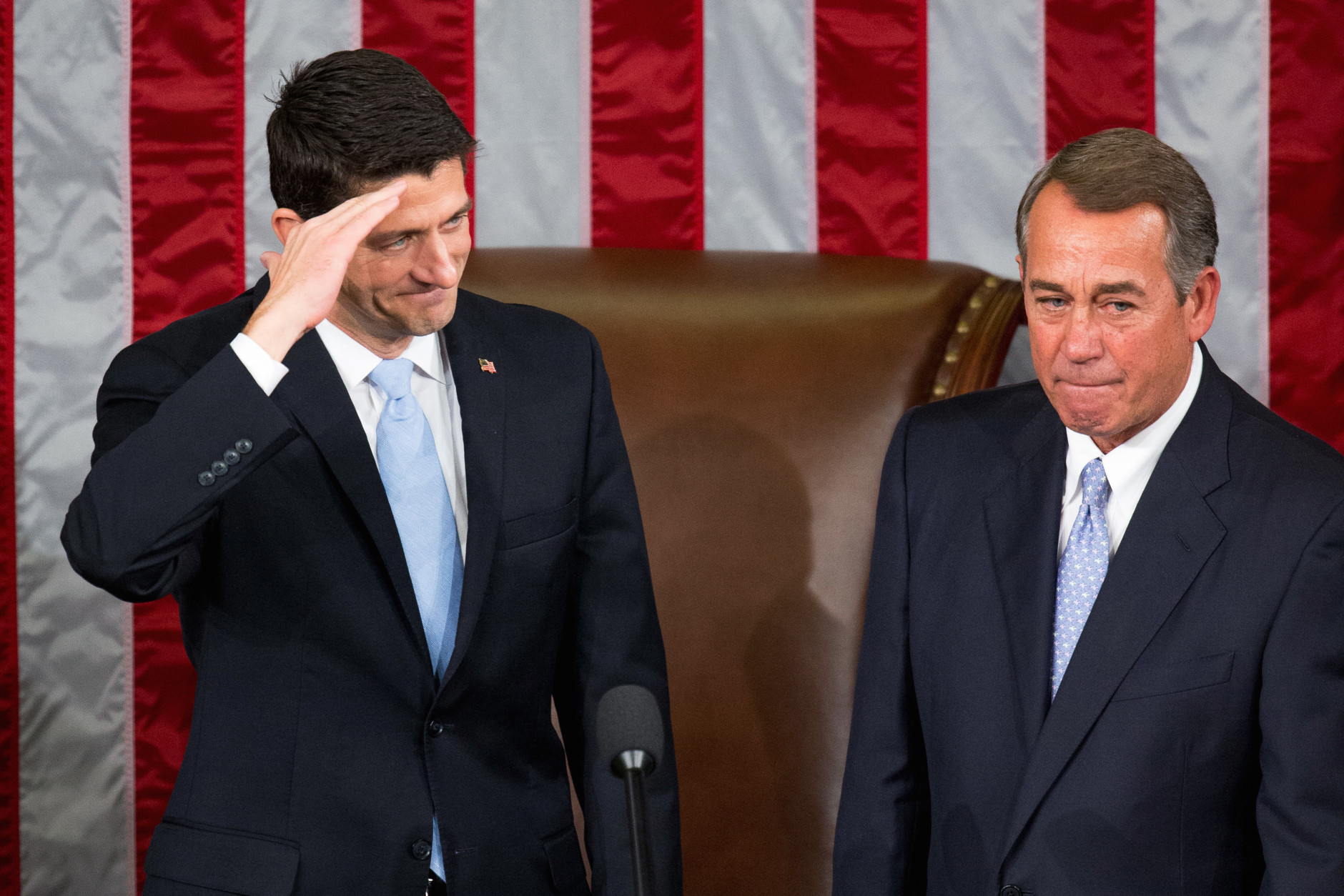 FOR USE AS DESIRED, YEAR END PHOTOS - FILE - House Speaker John Boehner stands with his successor Rep. Paul Ryan, R-Wis., left, in the House Chamber on Capitol Hill in Washington, Thursday, Oct. 29, 2015. Republicans rallied behind Ryan to elect him the House's 54th speaker as a splintered GOP turned to the youthful but battle-tested lawmaker to mend its self-inflicted wounds and craft a conservative message to woo voters in next year's elections. (AP Photo/Andrew Harnik, File)