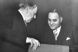 Dr. Ralph J. Bunche, right, is awarded the Nobel Peace Prize diploma, in box, from Gunnar Jahn, chairman of the Nobel Prize Committee, at Oslo University, Norway on Dec. 10, 1950.  Dr. Bunche, the only African-American to be awarded the Nobel Peace Prize, is recognized for his role as United Nations mediator in the peace settlement between Palestinian-Arabs and Jews in 1949.  (AP Photo)