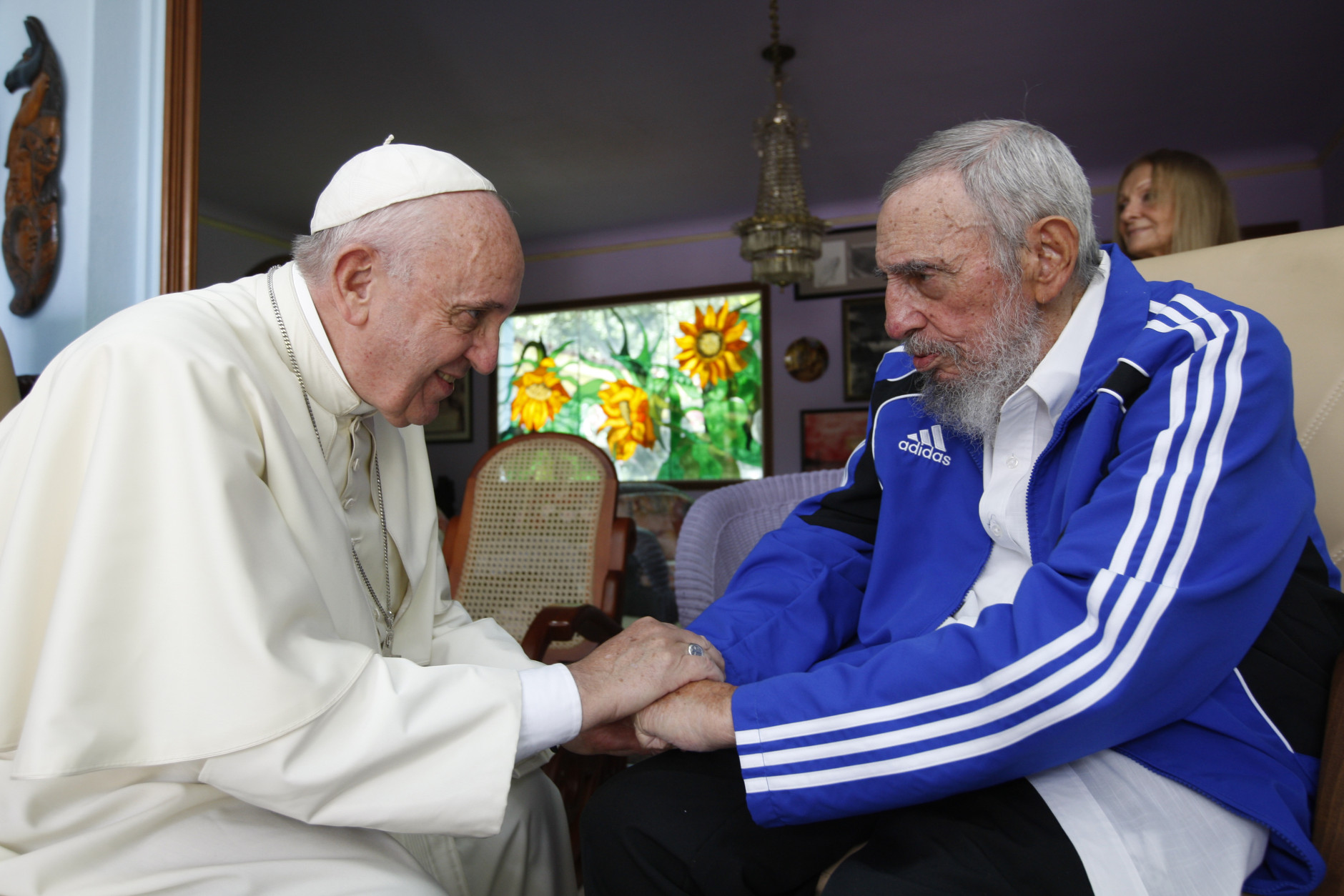 FOR USE AS DESIRED, YEAR END PHOTOS - FILE - Pope Francis meets Fidel Castro in Havana, Cuba, Sunday, Sept. 20, 2015. The Vatican described the 40-minute meeting at Castro's residence as informal and familial, with an exchange of books. (AP Photo/Alex Castro, File )