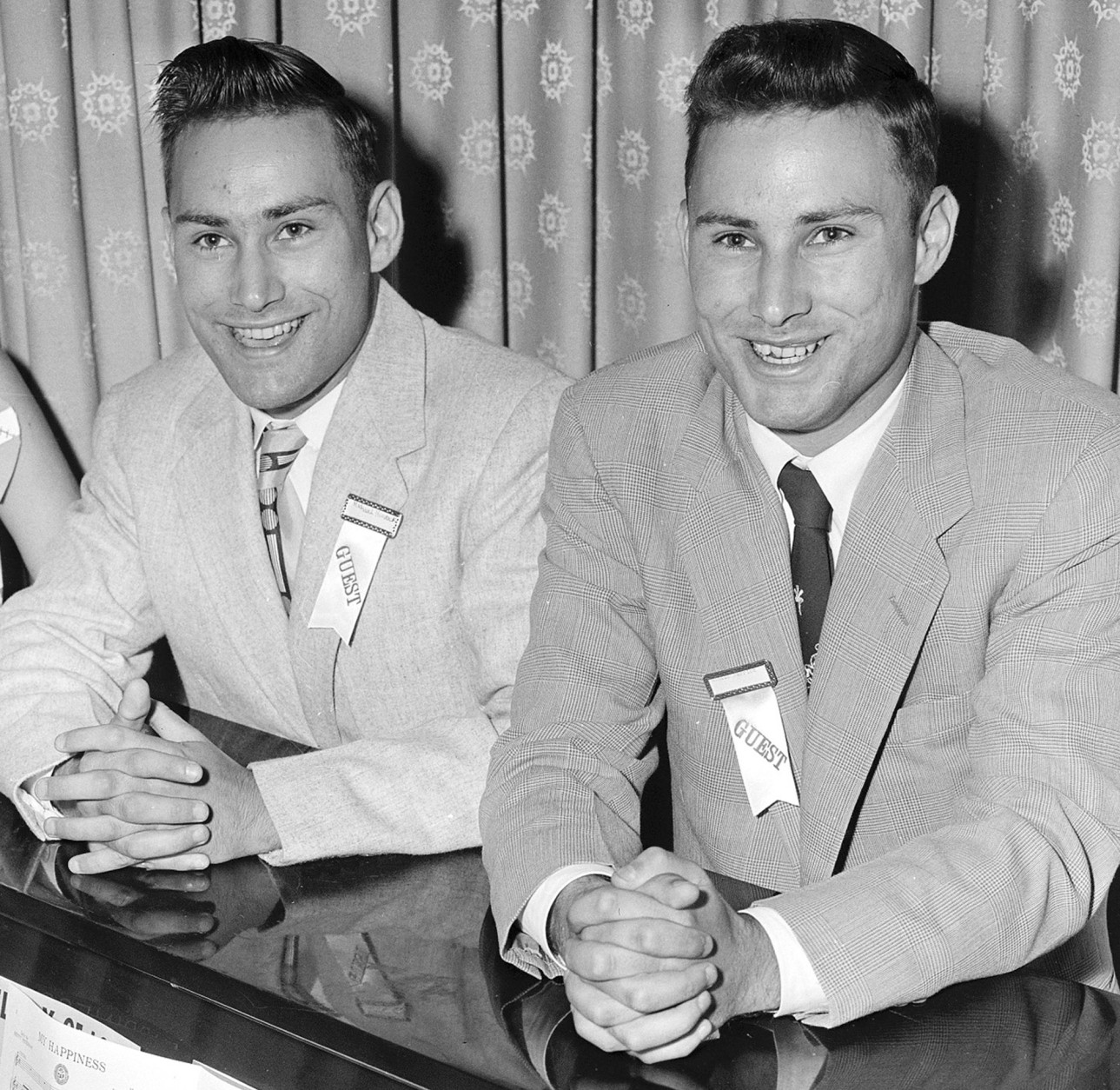 FILE - In this June 4, 1955 file photo, Richard Herrick, left, and his twin brother Ronald, from Northborough, Mass., sing at the annual meeting of the Mended Hearts Club at a hotel in Boston. The identical twin brothers made medical history when Ronald donated one of his kidneys to Richard for a Dec. 23, 1954 kidney transplant that was recognized as the world's first successful organ transplant. Richard lived eight years after receiving the transplant.  Ronald died Monday, Dec. 27, 2010, in Augusta, Maine. He was 79. (AP Photo/File)