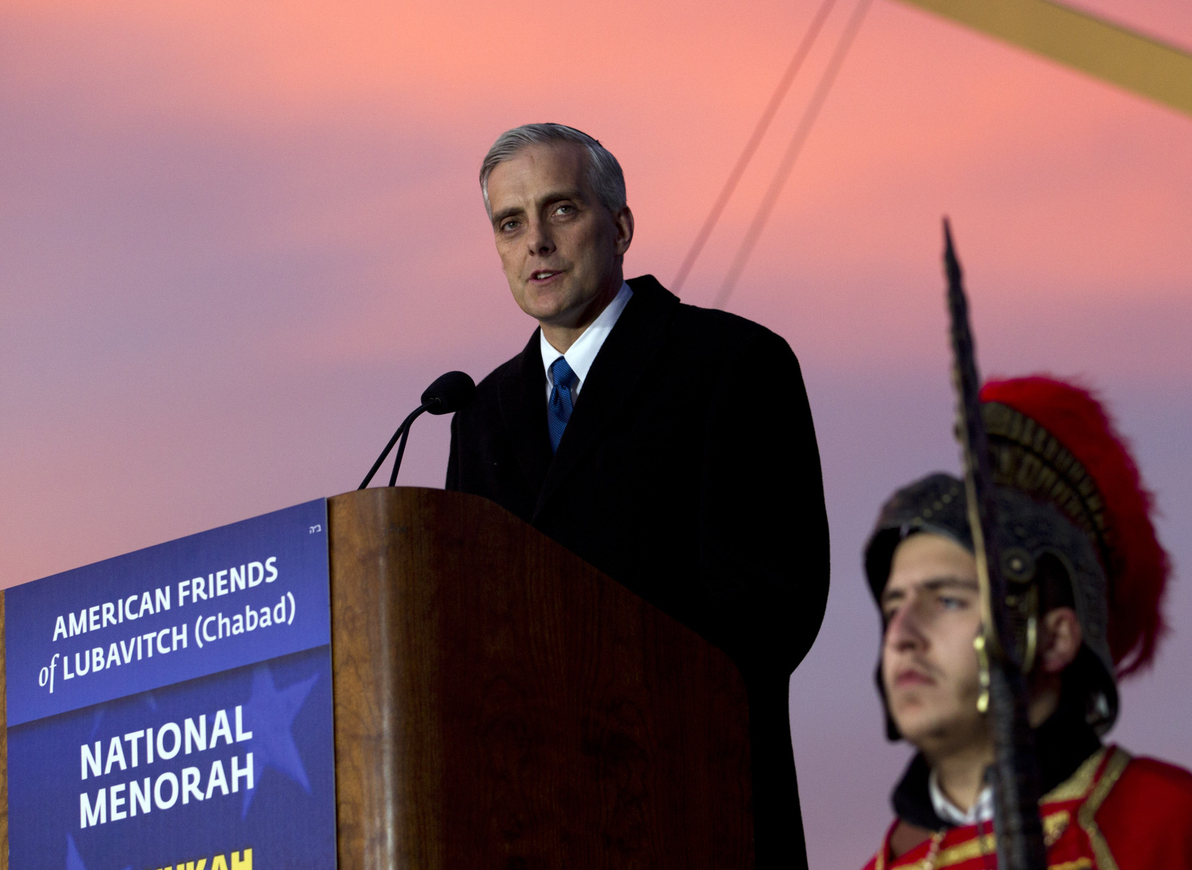 White House Chief of Staff Denis McDonough speaks during the annual National Menorah Lighting in celebration of Hanukkah, on the Ellipse near the White House in Washington, Sunday, Dec. 6, 2015. (AP Photo/Jose Luis Magana)