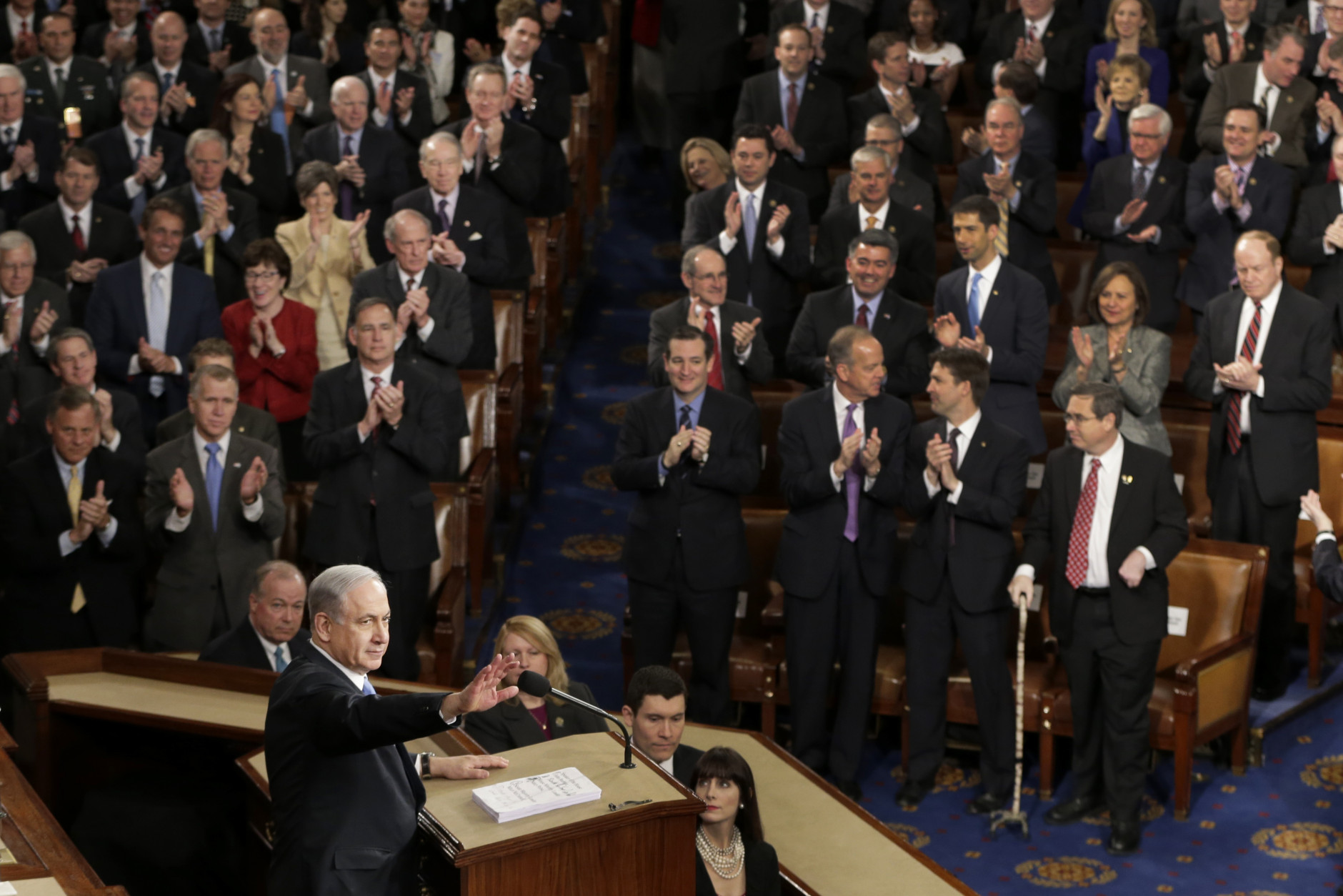 FOR USE AS DESIRED, YEAR END PHOTOS - FILE - Israeli Prime Minister Benjamin Netanyahu speaks before a joint meeting of Congress on Capitol Hill in Washington, Tuesday, March 3, 2015. In a speech that stirred political intrigue in two countries, Netanyahu told Congress that negotiations underway between Iran and the U.S. would "all but guarantee" that Tehran will get nuclear weapons, a step that the world must avoid at all costs. (AP Photo/J. Scott Applewhite, File)