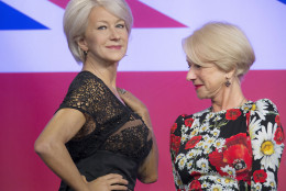British actress Helen Mirren looks at one of three wax figures of herself, made in celebration of her recent 70th birthday, at Madame Tussauds in central London, Thursday, July 30, 2015. (Photo by Joel Ryan/Invision/AP)