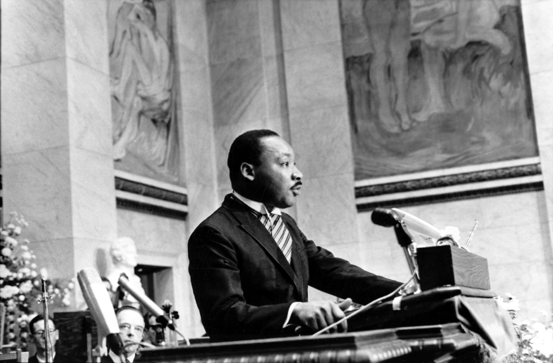 The Rev. Martin Luther King Jr., delivers his Nobel Peace Prize acceptance speech in the auditorium of Oslo University in Norway on Dec. 10, 1964.  King, the youngest person to receive the Nobel Peace prize, is recognized for his leadership in the American civil rights movement and for advocating non violence.  (AP Photo)