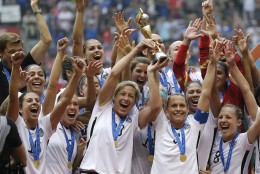 FOR USE AS DESIRED, YEAR END PHOTOS - FILE - The United States Women's National Team celebrates with the trophy after they beat Japan 5-2 in the FIFA Women's World Cup soccer championship in Vancouver, British Columbia, Canada, Sunday, July 5, 2015. (AP Photo/Elaine Thompson, File)