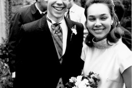 David Eisenhower and Julie Nixon stand outside the chapel after the wedding ceremony of David's sister in Valley Forge, Pa. on Nov. 16, 1968. They are members of the wedding party as usher and bridesmaid. David, grandson of former U.S. President Dwight D. Eisenhower, and Julie, daughter of President-elect Richard M. Nixon, are not yet ready to announce their own wedding date. (AP Photo)