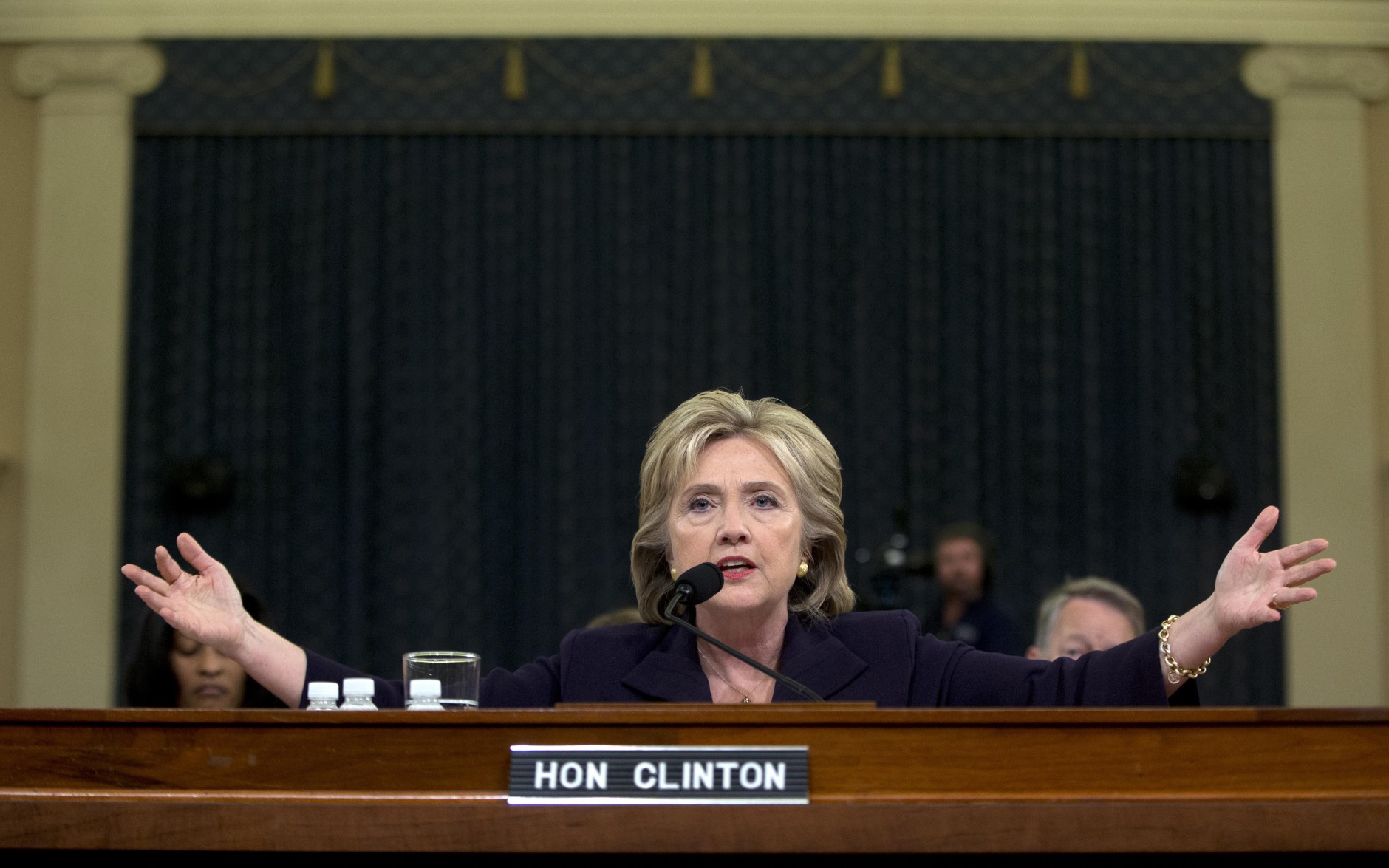 FOR USE AS DESIRED, YEAR END PHOTOS  - FILE - Democratic presidential candidate and former Secretary of State Hillary Rodham Clinton testifies on Capitol Hill in Washington, Thursday, Oct. 22, 2015, before the House Select Committee on Benghazi. (AP Photo/Carolyn Kaster, File)