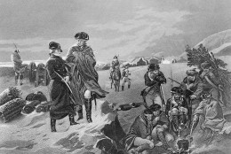 This drawing shows French military leader Marquis de Lafayette, left, as he stands by the side of General George Washington at Valley Forge encampment of the Continental Army during the winter of 1777-78.  (AP Photo)