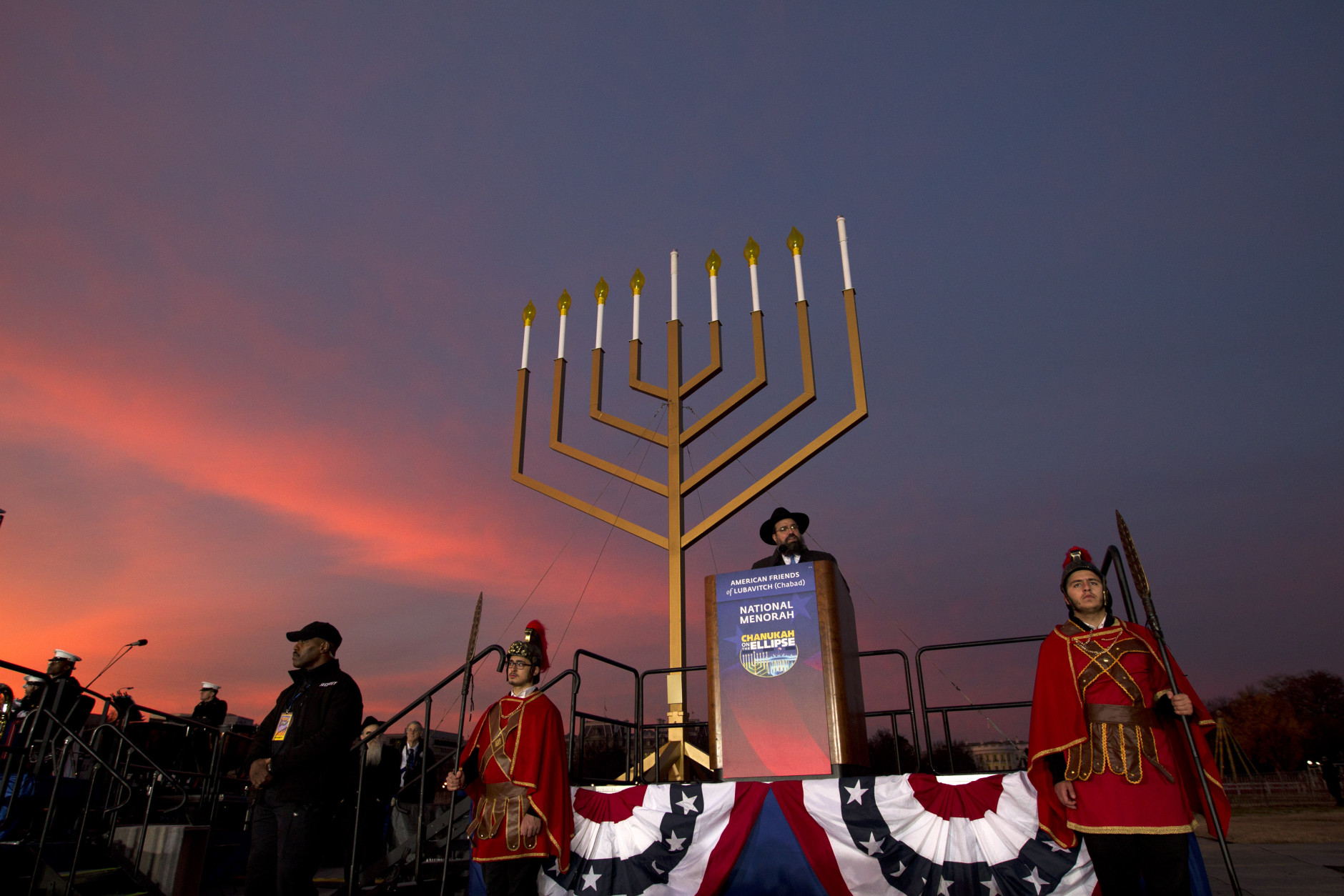 Rabbi Levi Shemtov speaks during the annual National Menorah Lighting, in celebration of Hanukkah, on the Ellipse near the White House in Washington, Sunday, Dec. 6, 2015. (AP Photo/Jose Luis Magana)