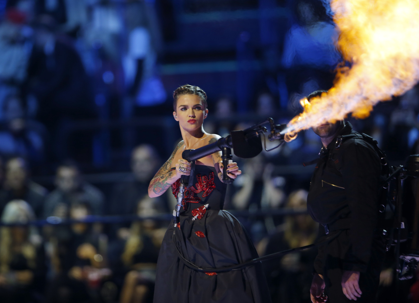 Ruby Rose performs during the MTV European Music Awards in Milan, Italy, Sunday, Oct. 25, 2015. (AP Photo/Luca Bruno)