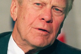 Former president Gerald Ford speaks in reaction to the death of former president Richard M. Nixon during a news conference at the Annenberg Center in Rancho Mirage, Calif. April 23, 1994. (AP Photo/Eric Draper)