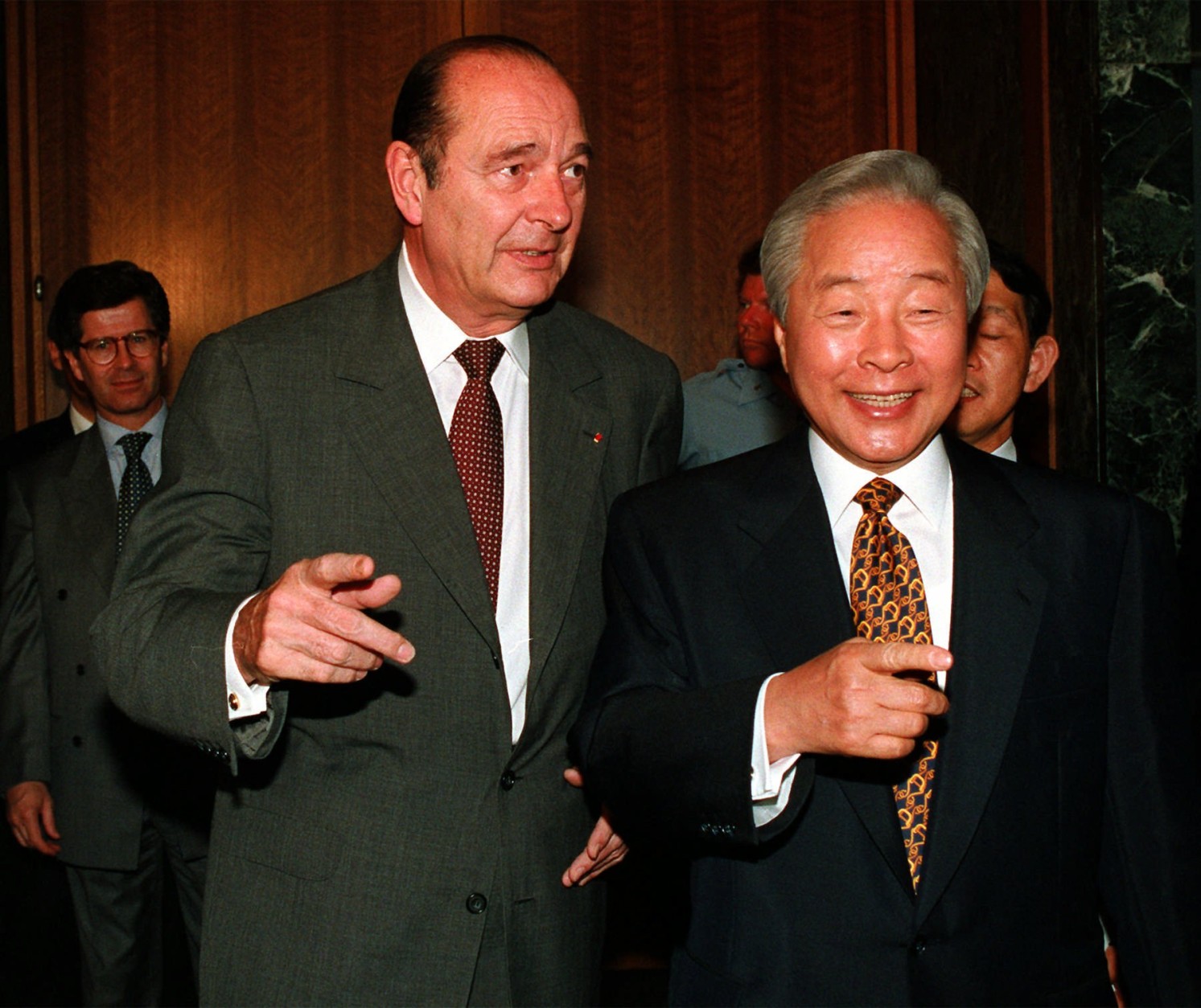 President of France Jacques Chirac, left, and South Korean President Kim Young-sam gesture during a bilateral meeting at the United Nations, Monday, June 23, 1997. Leaders and envoys from more than 170 nations gathered at the U.N. for a five-day conference to review progress since the 1992 Earth Summit. (AP Photo/Kathy Willens)