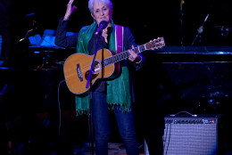 Joan Baez performs at the 2014 ASCAP Centennial Awards, benefiting the ASCAP Foundation and its music education, talent development and humanitarian activities, at the Waldorf-Astoria on Monday, Nov. 17, 2014, in New York. (Photo by Stephen Chernin/Invision/AP)