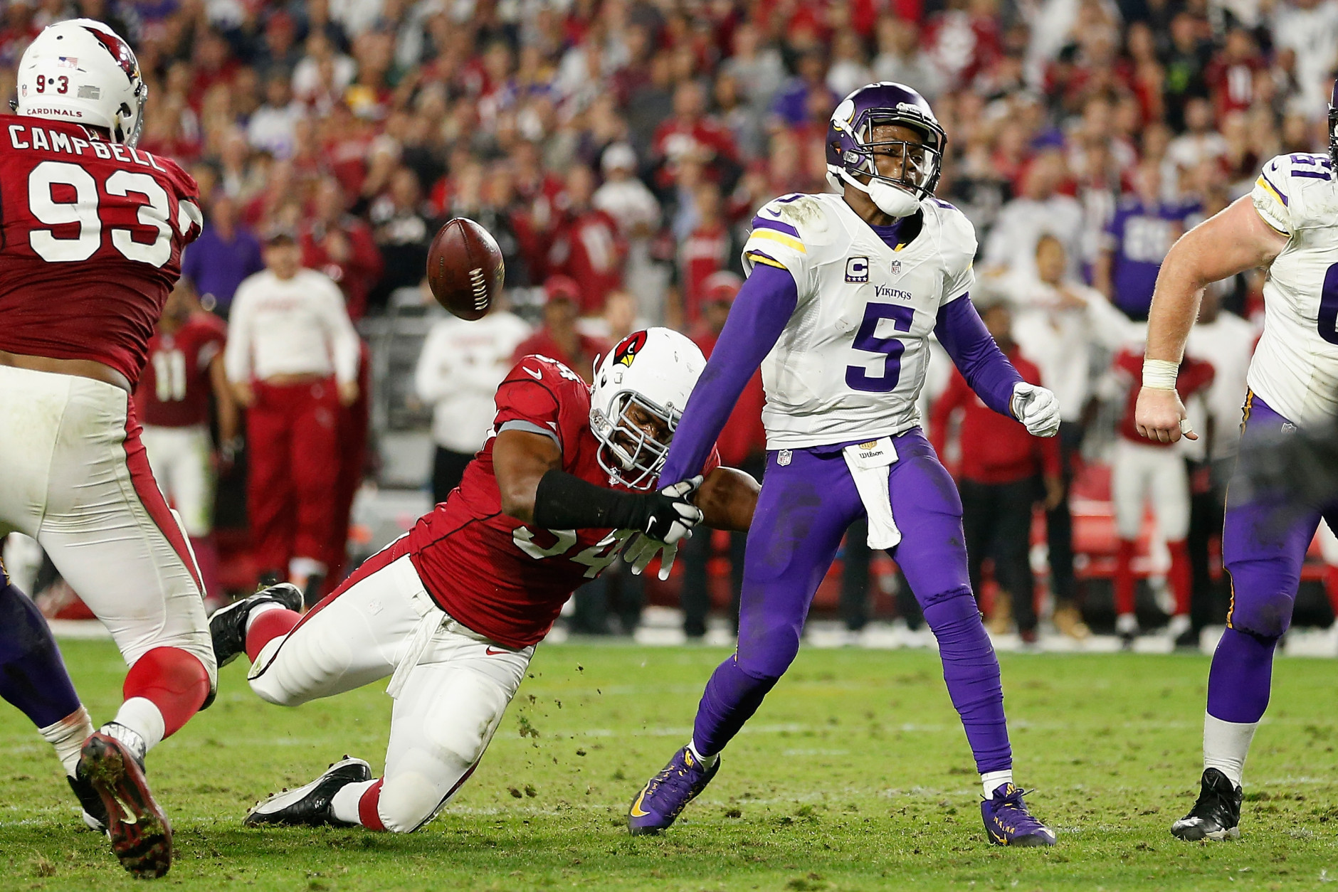 GLENDALE, AZ - DECEMBER 10:  Quarterback Teddy Bridgewater #5 of the Minnesota Vikings has the ball knocked free by inside linebacker Dwight Freeney #54 of the Arizona Cardinals during the final moments of the NFL game at the University of Phoenix Stadium on December 10, 2015 in Glendale, Arizona. The Cardinals defeated the Vikings 23-20.  (Photo by Christian Petersen/Getty Images)