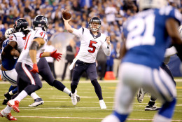 INDIANAPOLIS, IN - DECEMBER 20:   Brandon Weeden #5 of the Houston Texans throws a pass against the Indianapolis Colts at Lucas Oil Stadium on December 20, 2015 in Indianapolis, Indiana.  (Photo by Andy Lyons/Getty Images)