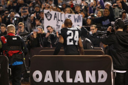 OAKLAND, CA - DECEMBER 24: Charles Woodson #24 of the Oakland Raiders enters the field before the game against the San Diego Chargers at O.co Coliseum on December 24, 2015 in Oakland, California.  (Photo by Lachlan Cunningham/Getty Images)