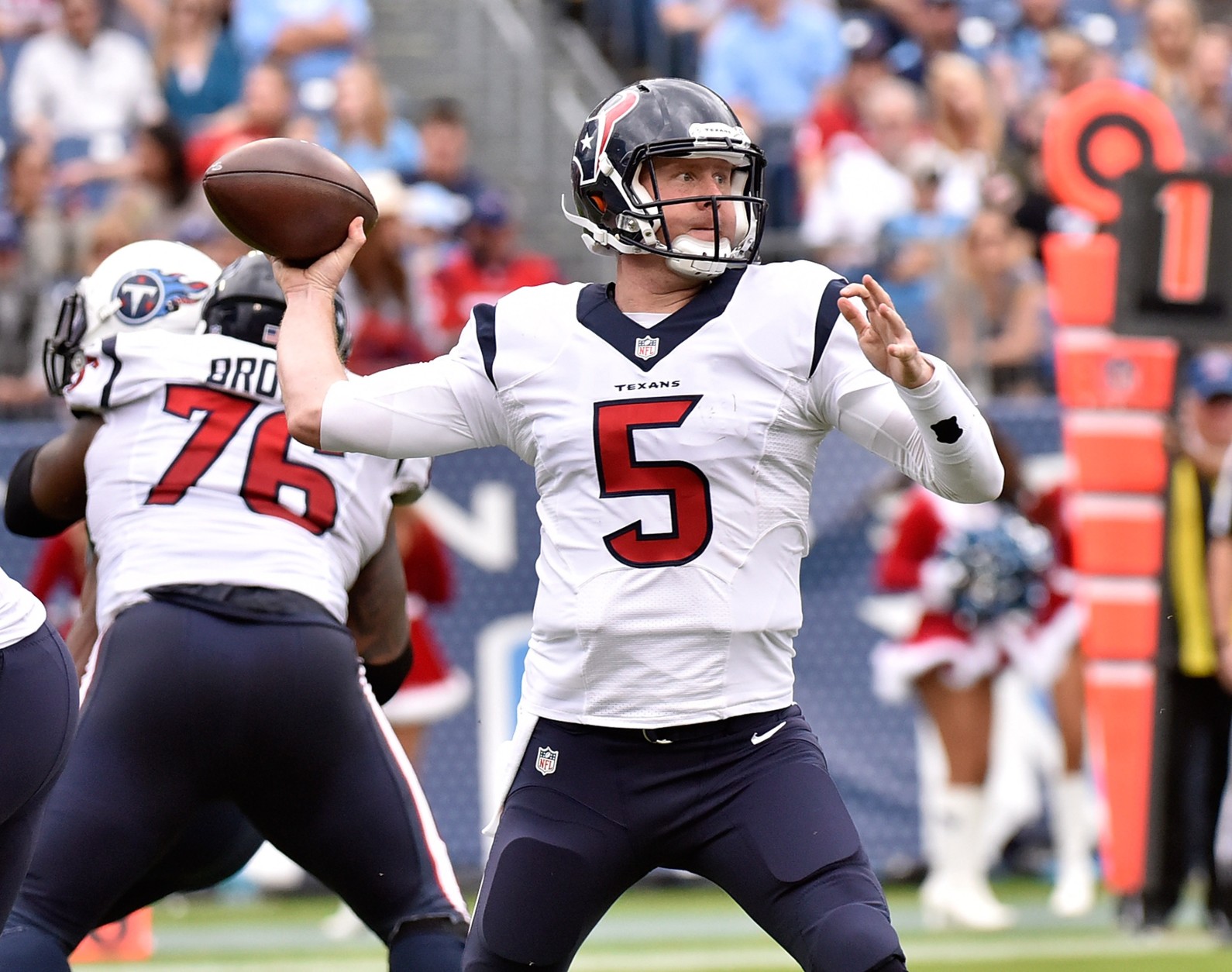 NASHVILLE, TN - DECEMBER 27:  Quarterback Brandon Weeden #5 of the Houston Texans drops back to throw a pass against the Tennessee Titans during the first half at Nissan Stadium on December 27, 2015 in Nashville, Tennessee.  (Photo by Frederick Breedon/Getty Images)