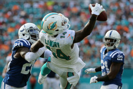 MIAMI GARDENS, FL - DECEMBER 27:  Jarvis Landry #14 of the Miami Dolphins makes a one handed catch during a game against the Indianapolis Colts at Sun Life Stadium on December 27, 2015 in Miami Gardens, Florida.  (Photo by Mike Ehrmann/Getty Images)