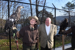 Ranger Sarah Milbourne, Mo the eagle, and Governor Hogan. (Courtesy Joe Andrucyk/Office of Gov. Hogan)