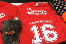 Donald Trump merchandise for sale outside the Manassas rally on Dec. 2, 2015.  (WTOP/Michelle Basch)