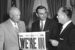 WIth a copy of Anchorage Daily News headlined 'We're In,' US President Dwight Eisenhower (1890 - 1965) poses with Governor of the Alaska Territories Mike Stepovich and Secretary of the Interior Fred Andrew Seaton (1909 - 1974) in the White House after Congress voted to approve Alaskas statehood, Washington DC, July 1, 1958. Alaska became the 49th state the following year. (Photo by Abbie Rowe/PhotoQuest/Getty Images)