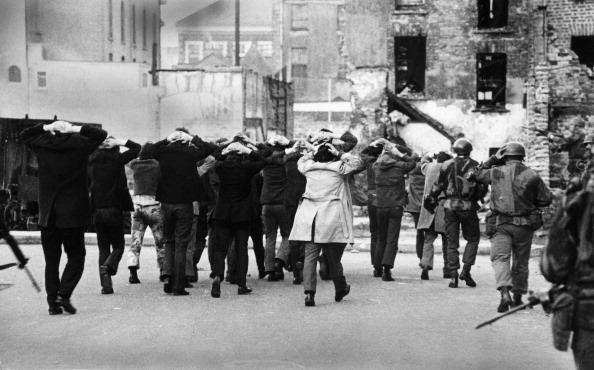 IRA terrorist suspects are rounded up by British soldiers on Bloody Sunday in Londonderry, Northern Ireland when 13 Roman Catholics were killed, 30th January 1972.  (Photo by Popperfoto/Getty Images).