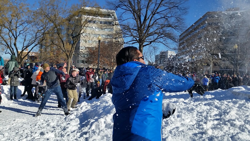 The DC Snowball Fight Association organized the  event. The group held its first snowball fight in Dupont Circle in 2009. (WTOP/Kathy Stewart)