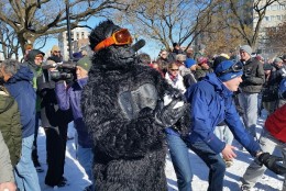 In spite of the Snow Wars theme, this man dressed in a gorilla suit and took part in the snow battle. (WTOP/Kathy Stewart)