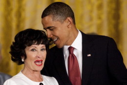 UNITED STATES - AUGUST 12:  Chita Rivera, actress and dancer, receives the 2009 Presidential Medal of Freedom from U.S. President Barack Obama during a ceremony in the East Room of the White House in Washington, D.C., U.S., on Wednesday, Aug. 12, 2009. The medal winners "stand as an example here in the United States and around the world of what we can achieve in our own lives," Obama said.  (Photo by Andrew Harrer/Bloomberg via Getty Images)