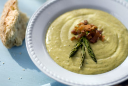 This Feb. 16, 2011 photo shows roasted asparagus and potato soup in Concord, N.H. For this soup recipe, all the vegetables are roasted at high heat, caramelizing their natural sugars and enhancing the flavors. They are then pureed until smooth and combined with thick, nonfat Greek-style yogurt, which gives the soup a creamy quality that belies its low-fat nutritional profile.    (AP Photo/Matthew Mead)