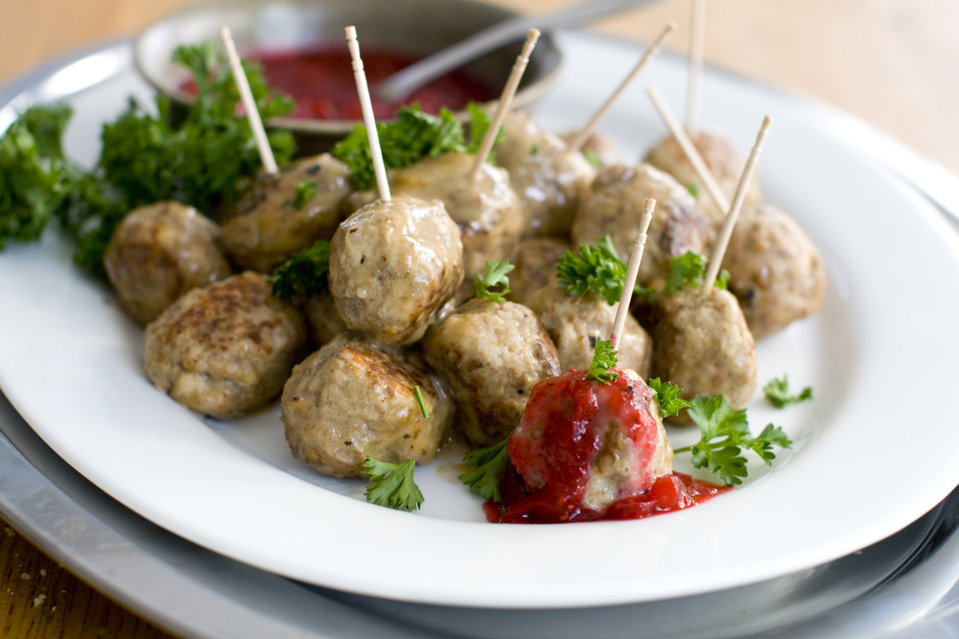 In this image taken Jan. 30, 2012 in Concord, N.H., a Swedish meatball recipe by Rocco DiSpirito is shown. Swedish meatballs are a retro potluck throwback. There are countless recipes for Swedish meatballs, but most aren't all that diet-friendly. (AP Photo/Matthew Mead)