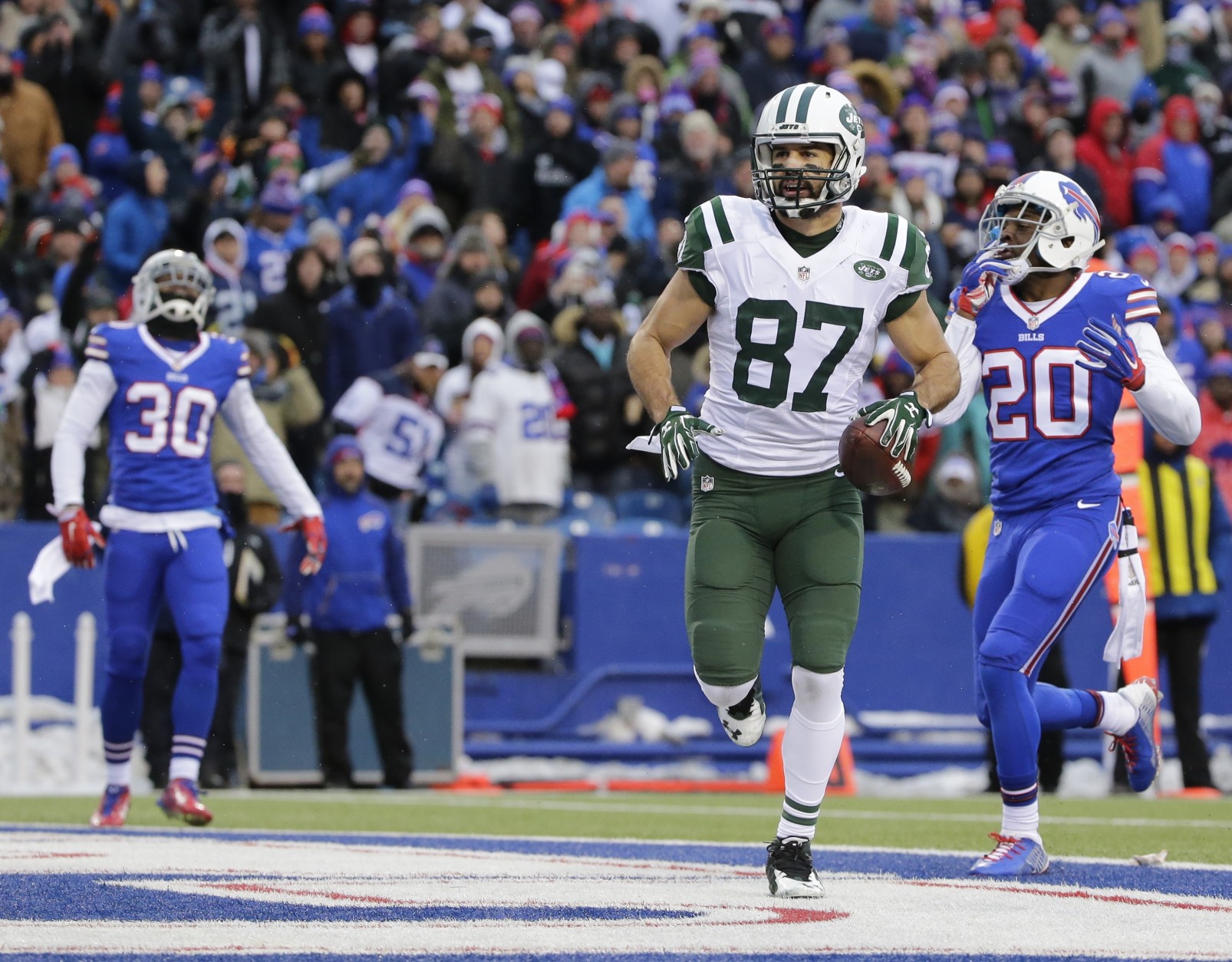 Buffalo Bills free safety Corey Graham (20) and Bacarri Rambo (30) react after New York Jets' Eric Decker (87) made a catch for a touchdown during the second half of an NFL football game Sunday, Jan. 3, 2016, in Orchard Park, N.Y. (AP Photo/Bill Wippert)