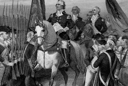 George Washington presents himself at head of army at Cambridge, Mass., on July 3, 1775. From Dorchester Heights, he laid siege to British in Boston. Latter evacuated city following March, taking garrison of 8,000 to New York.(AP Photo)