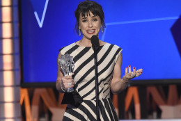 Constance Zimmer accepts the award for best supporting actress in a drama series for UnREAL at the 21st annual Critics' Choice Awards at the Barker Hangar on Sunday, Jan. 17, 2016, in Santa Monica, Calif. (Photo by Chris Pizzello/Invision/AP)