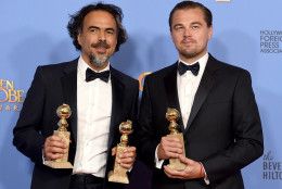Alejandro Gonzalez Inarritu, left, and Leonardo DiCaprio pose in the press room with the award for best motion picture - drama for The Revenant at the 73rd annual Golden Globe Awards on Sunday, Jan. 10, 2016, at the Beverly Hilton Hotel in Beverly Hills, Calif. (Photo by Jordan Strauss/Invision/AP)
