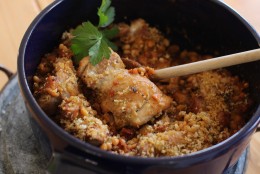 This October 26, 2015 photo shows lightened cassoulet in Concord, NH. This recipe evokes some of the comfort of a classic French cassoulet, without quite so much heft. (AP Photo/Matthew Mead)
