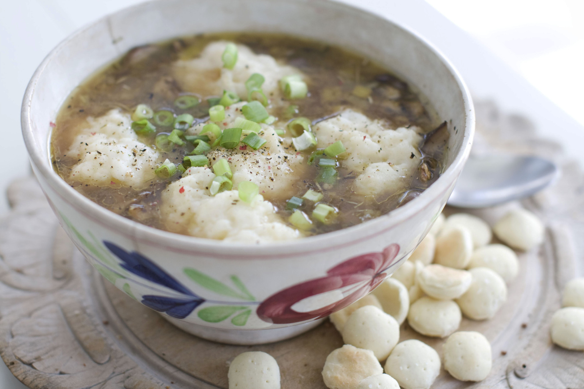 In this image taken on Sept. 17, 2012, a bowl of Mushroom and Chicken Barley Soup with Parmesan Dumplings is shown in Concord, N.H. (AP Photo/Matthew Mead)