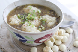 In this image taken on Sept. 17, 2012, a bowl of Mushroom and Chicken Barley Soup with Parmesan Dumplings is shown in Concord, N.H. (AP Photo/Matthew Mead)