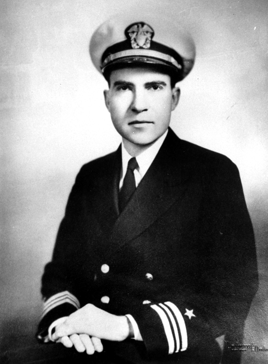 This picture shows Vice President Richard Nixon as a World War II lieutenant commander in the U.S. Navy, stationed in August, 1944 at the Naval Air Station, Alameda, California.  Nixon had just returned to the United States under a rotation program from duty in the South Pacific as ground officer for the Combat Air Transport Command at Vella Lavella, Bougainville, Solomon Islands.  (AP Photo)