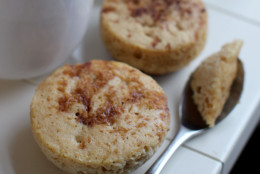 This November 30, 2015 photo shows coconut cinnamon roll microwave mug muffins in Concord, NH. (AP Photo/Matthew Mead)