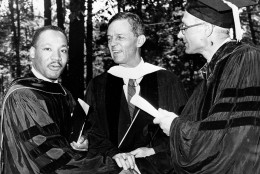 U.S. Sen. Joseph Clark (D-Pa.), center, laughs along with Dr. Martin Luther King, left, leader against segregation, at Lincoln University commencement exercises, June 7, 1961, Oxford, Pa. At right is acting President Donald Yelton. (AP Photo/Sam Myers)